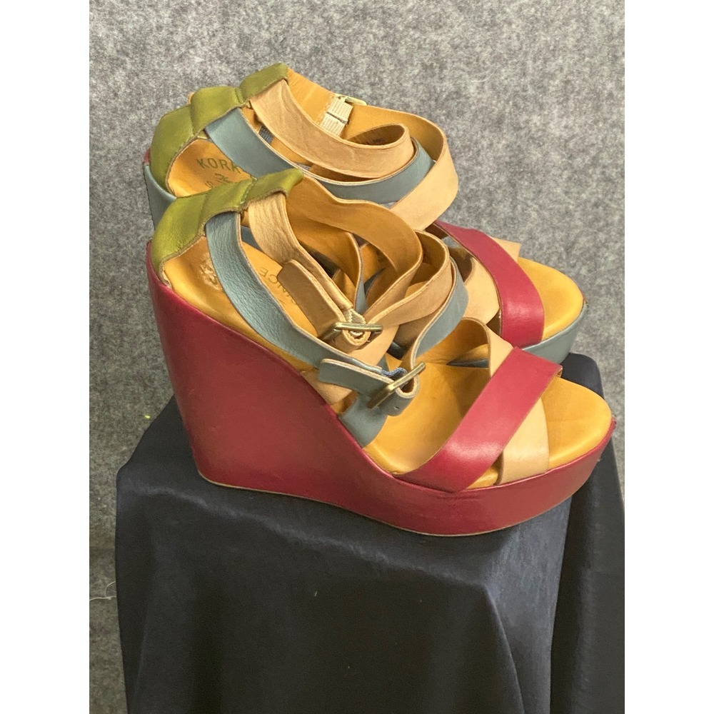 Kork-Ease Colorblock Leather Wedge Sandals Multicolor Strappy Platform‎ Heels 6 - Picture 6 of 9